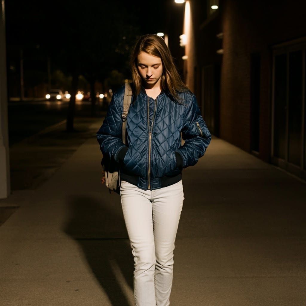 Youthful Figure in Dark Blue Quilted Jacket Walks Alone at N...