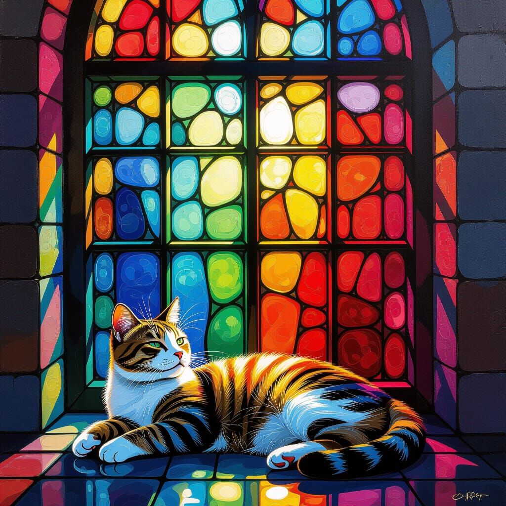 Cat Napping Before a Stained Glass Window in Vibrant Splash ...