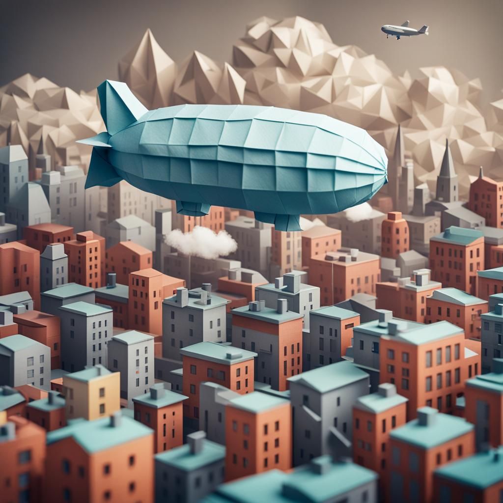 Blimp Over Industrial City in Origami Style