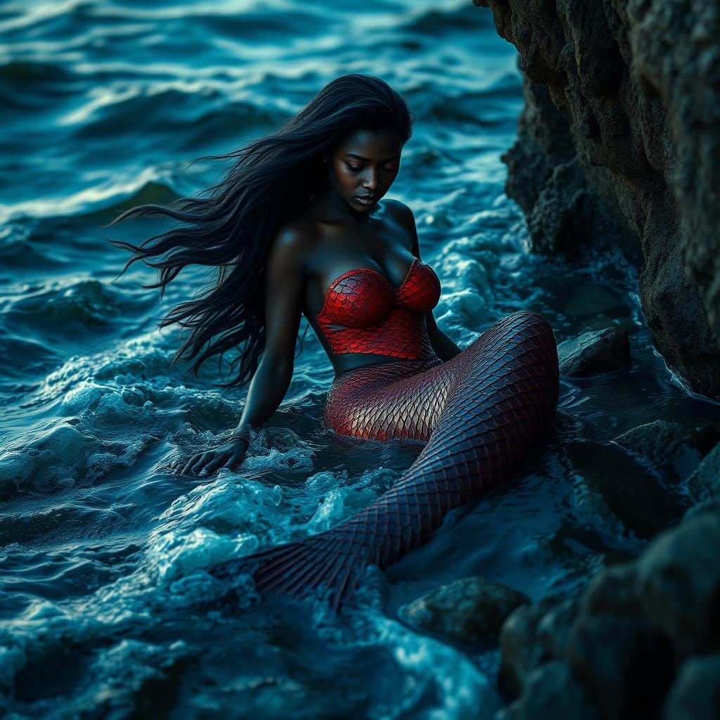 Dark Skinned Mermaid in Choppy Ocean Waters
