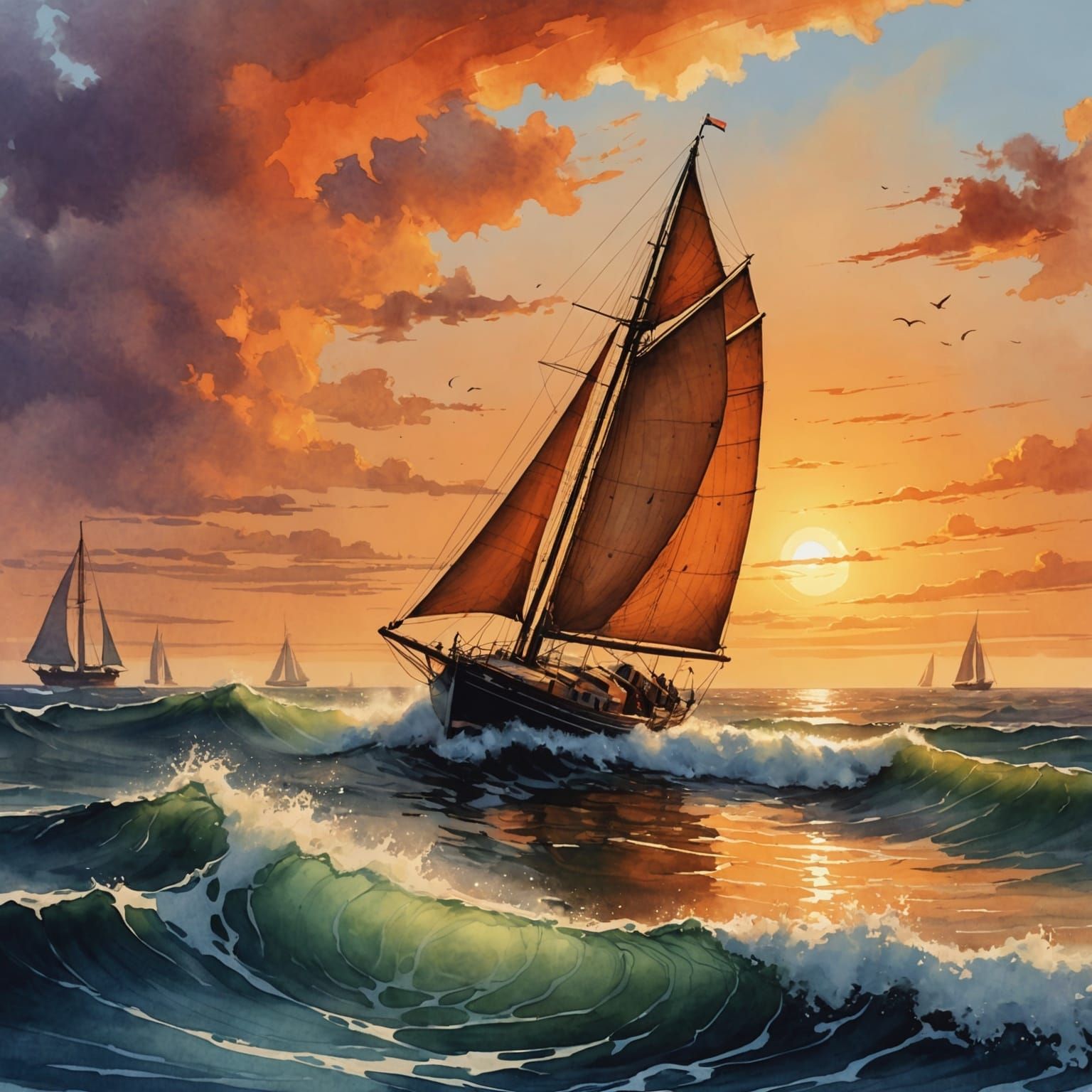 Sailboat at Sunset: Watercolor and Ink Painting