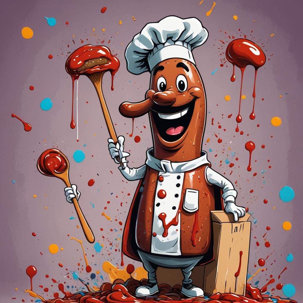 Roadside poster of Sausageman and his super tomato sauce.