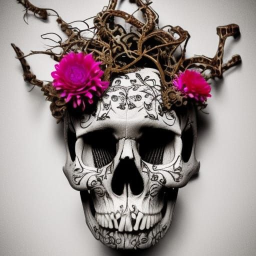 Ornate Skull with Flowers, Gothic Organic Punk Style