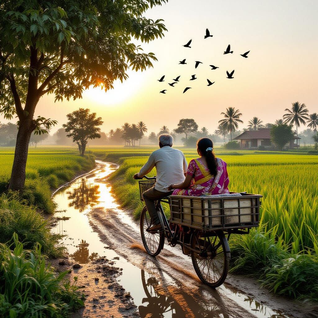 South Indian Village Couple Ride Bicycle at Sunrise