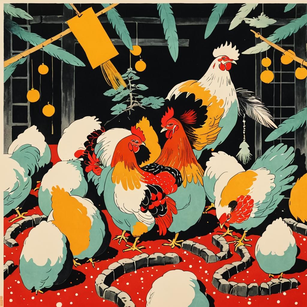 Japanese Chickens and Pagodas with Feathers