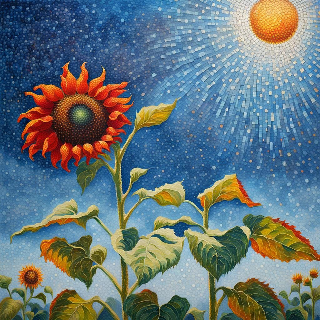 Sunflower in Pointillist Impressionist Style