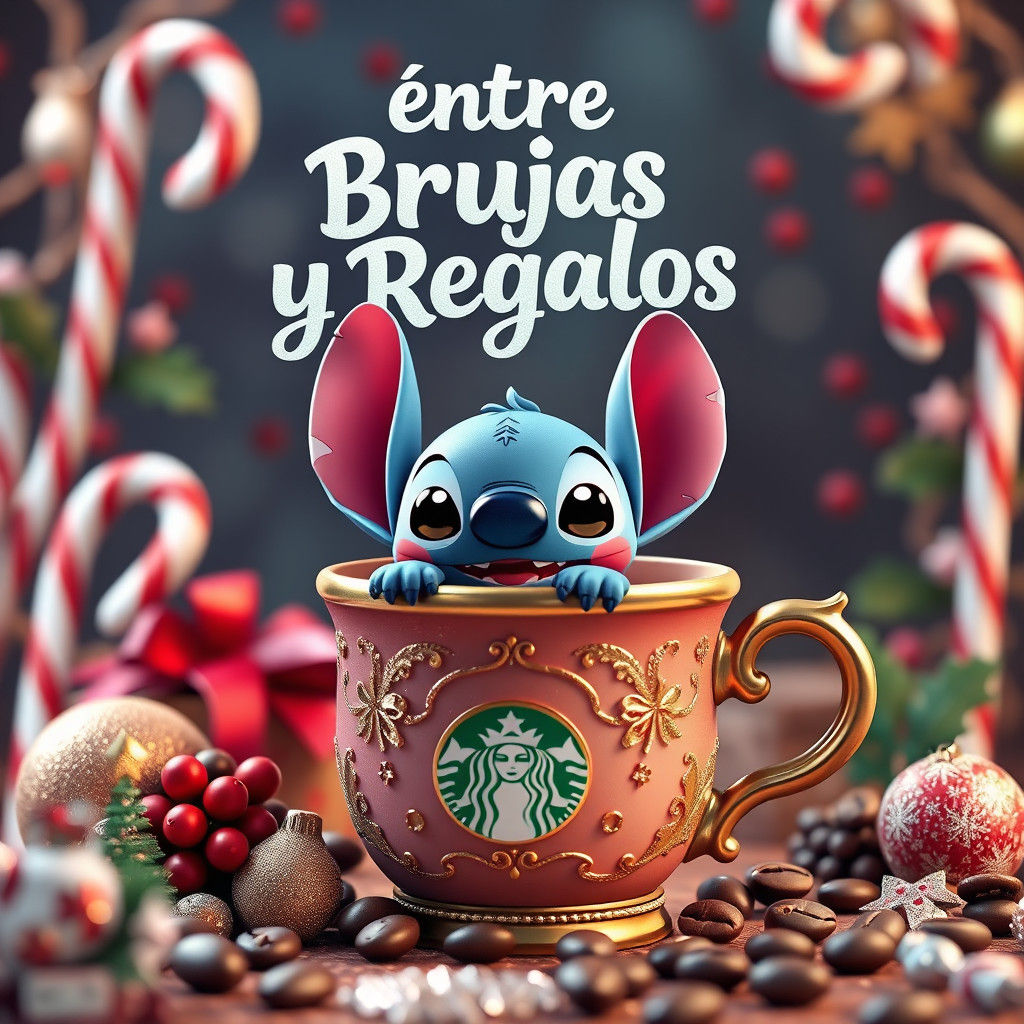 Baby Stitch in Coffee Cup with Christmas Decorations