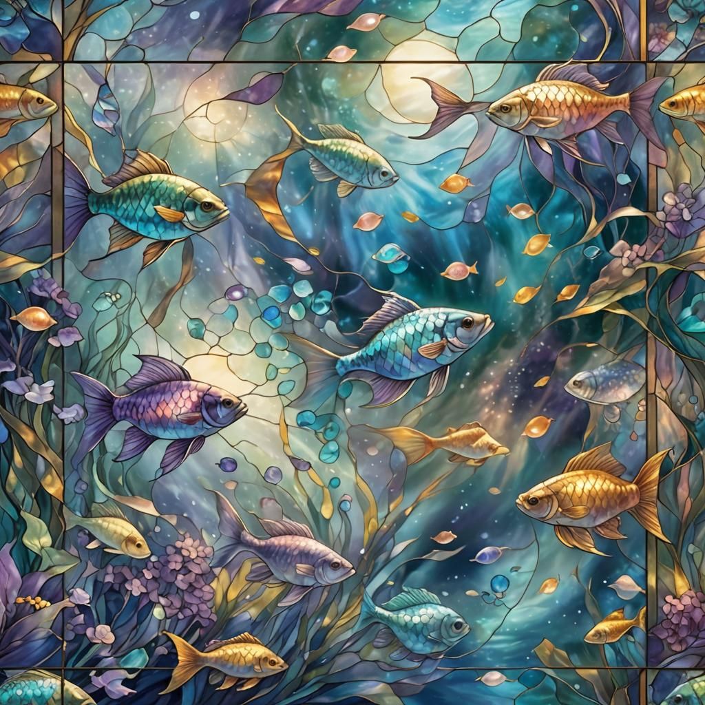 Colorful Fish in Stained Glass Window: Ethereal Fantasy