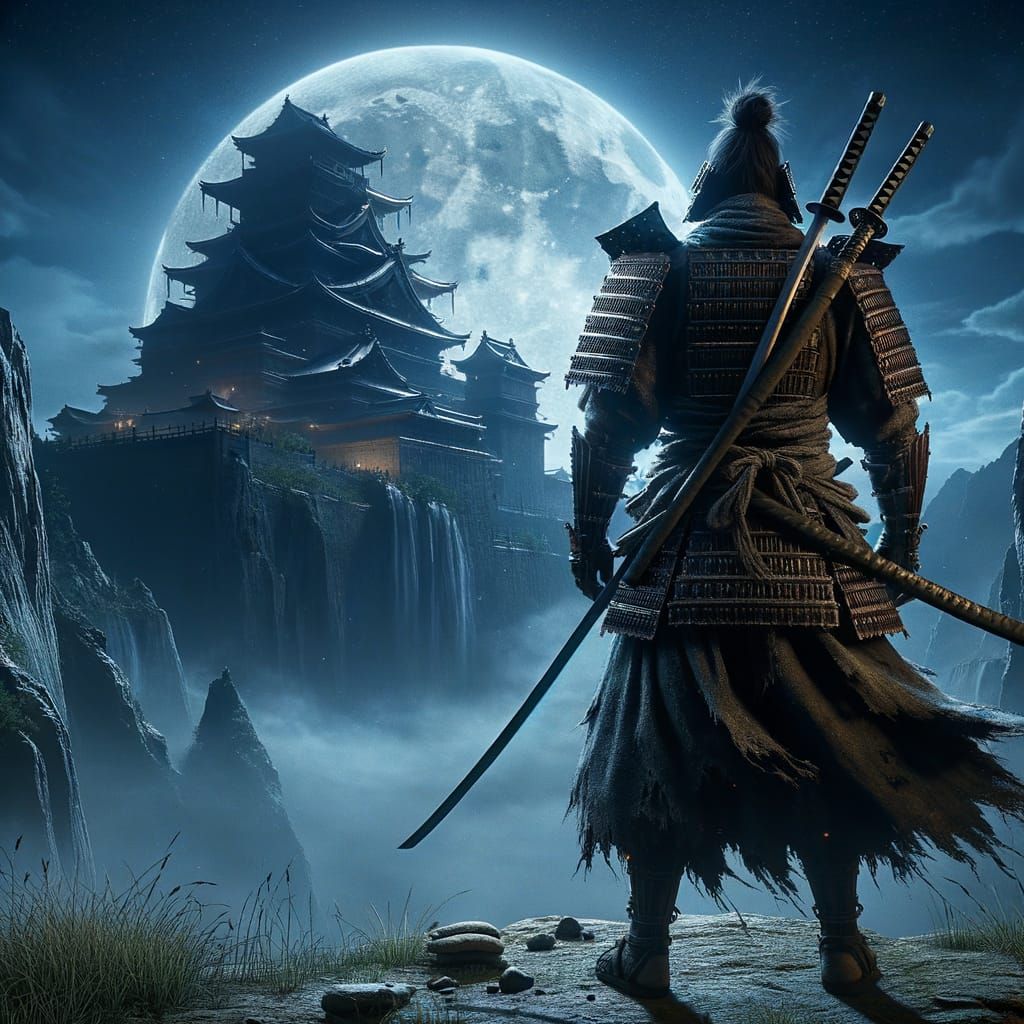 Samurai Silhouette with Floating Castle and Dragon