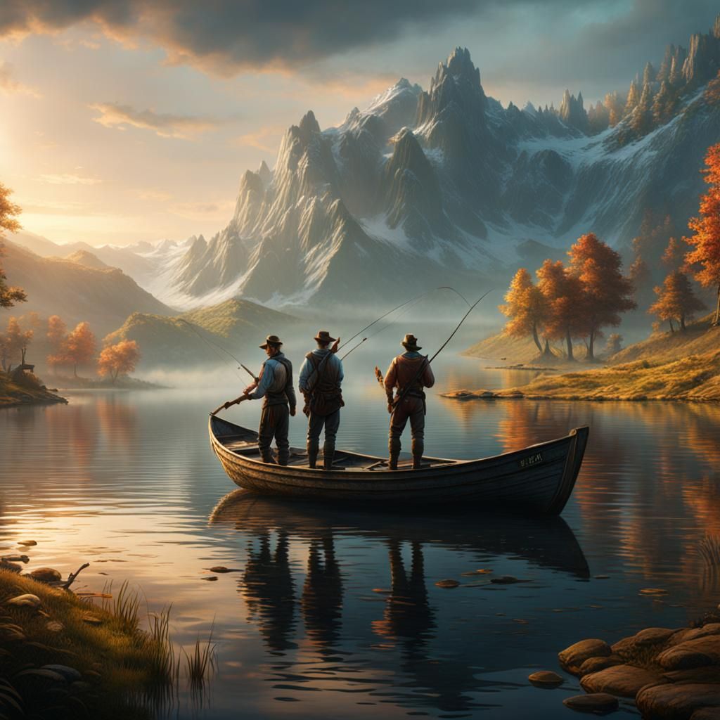 Men Fishing on Lake Shore: Fantasy Concept Art