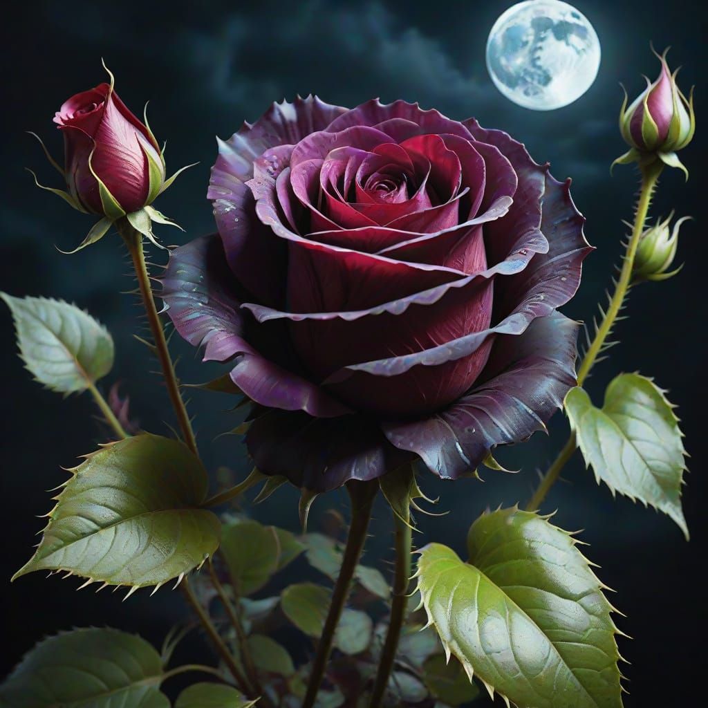 Gothic Rose Blooms with Macabre Beauty in Moonlit Shadows