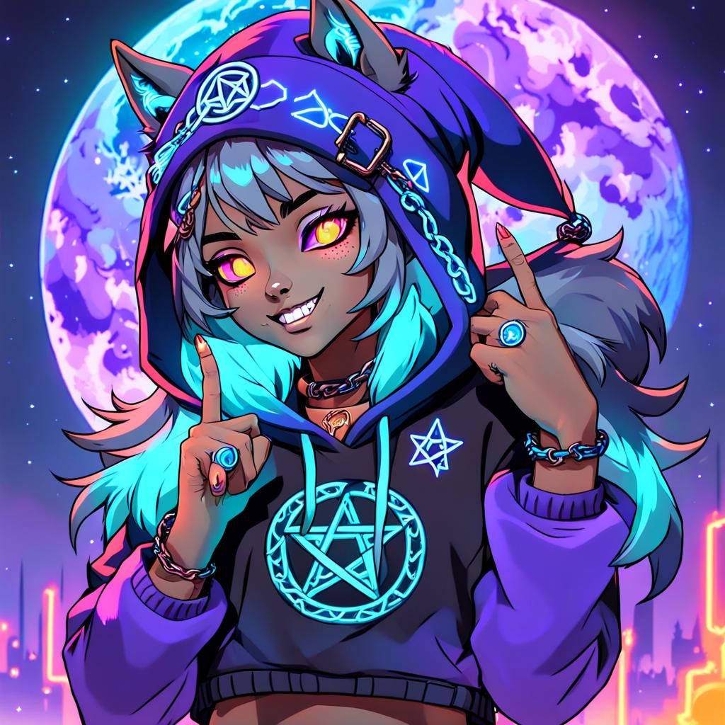 Neon Fantasy Wolf Teen Portrait in Ash Theme