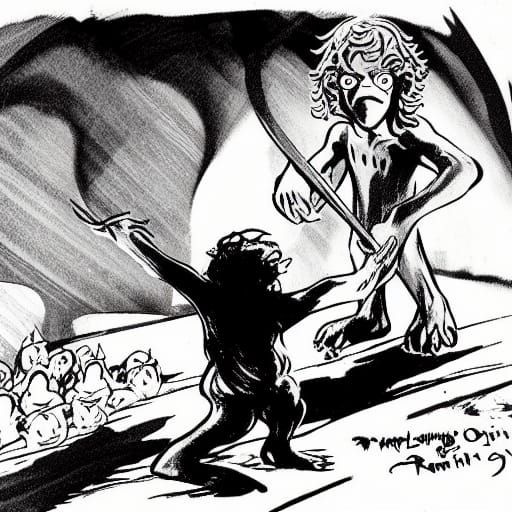 Gollum and Bilbo Baggins in Bakshi Animation Style
