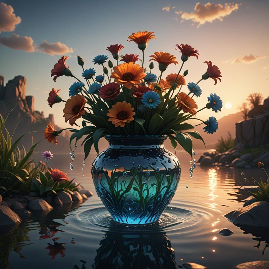 Surreal Sunset Flower Vase in Detailed Fantasy Art