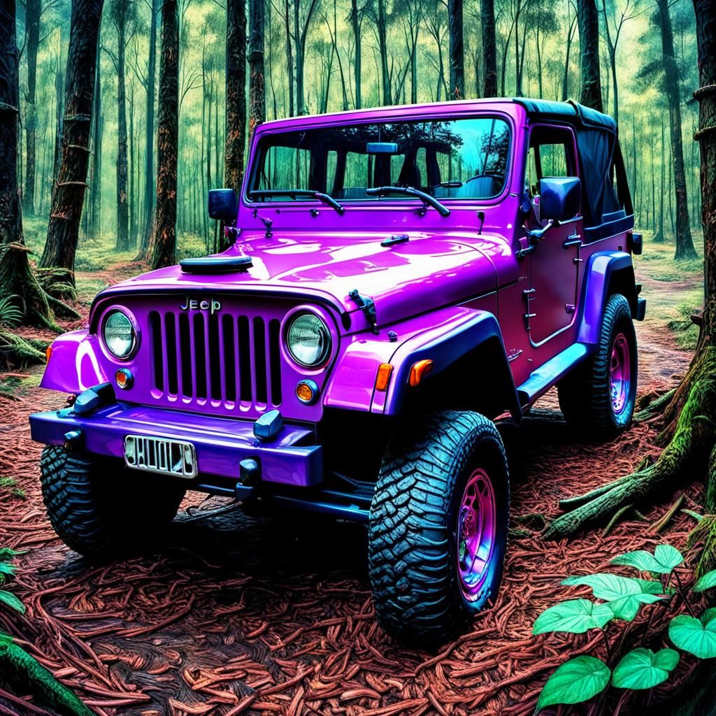 Hyperrealistic Pink and Purple Jeep in Woods