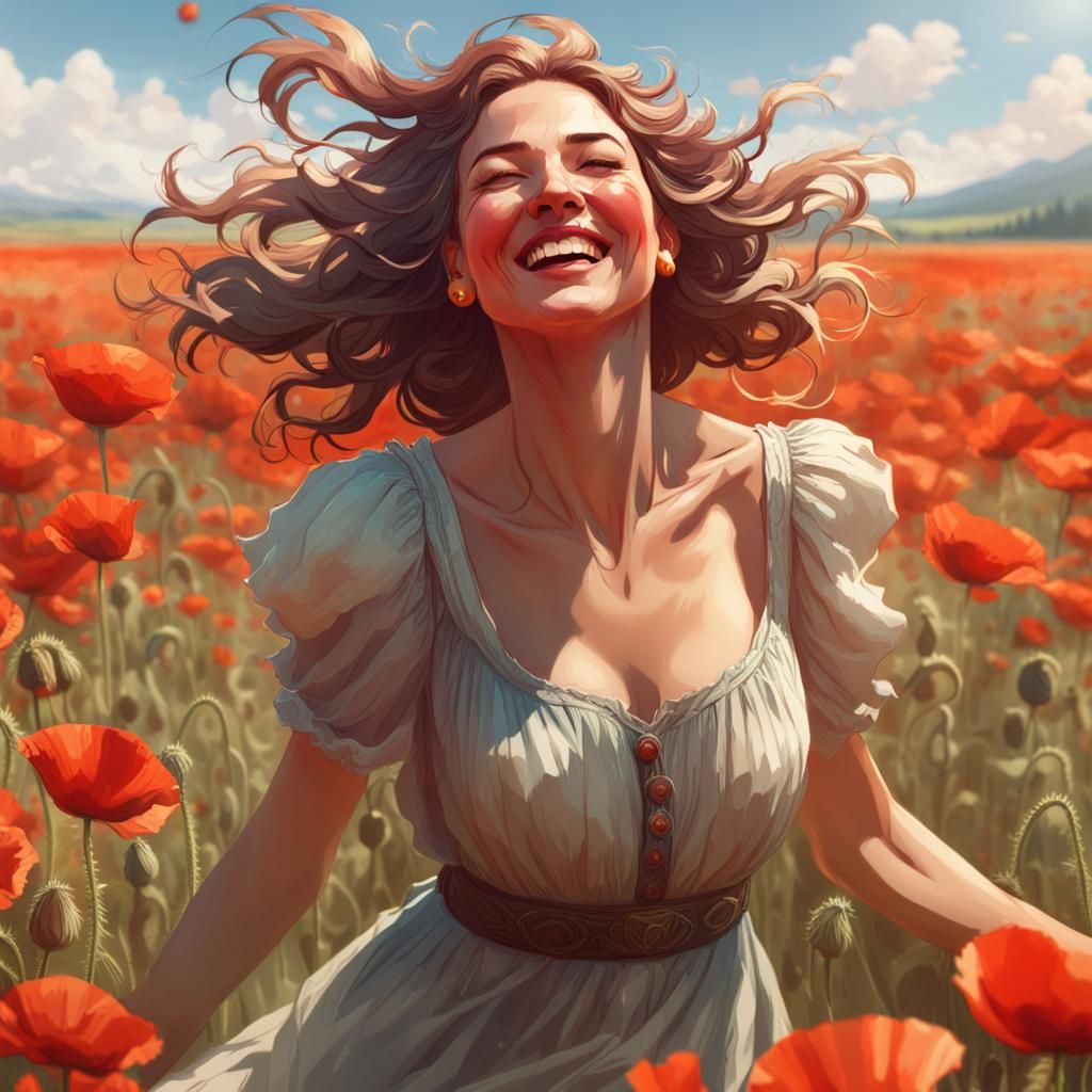 Woman Dancing in Poppy Field: Hyperdetailed Portrait