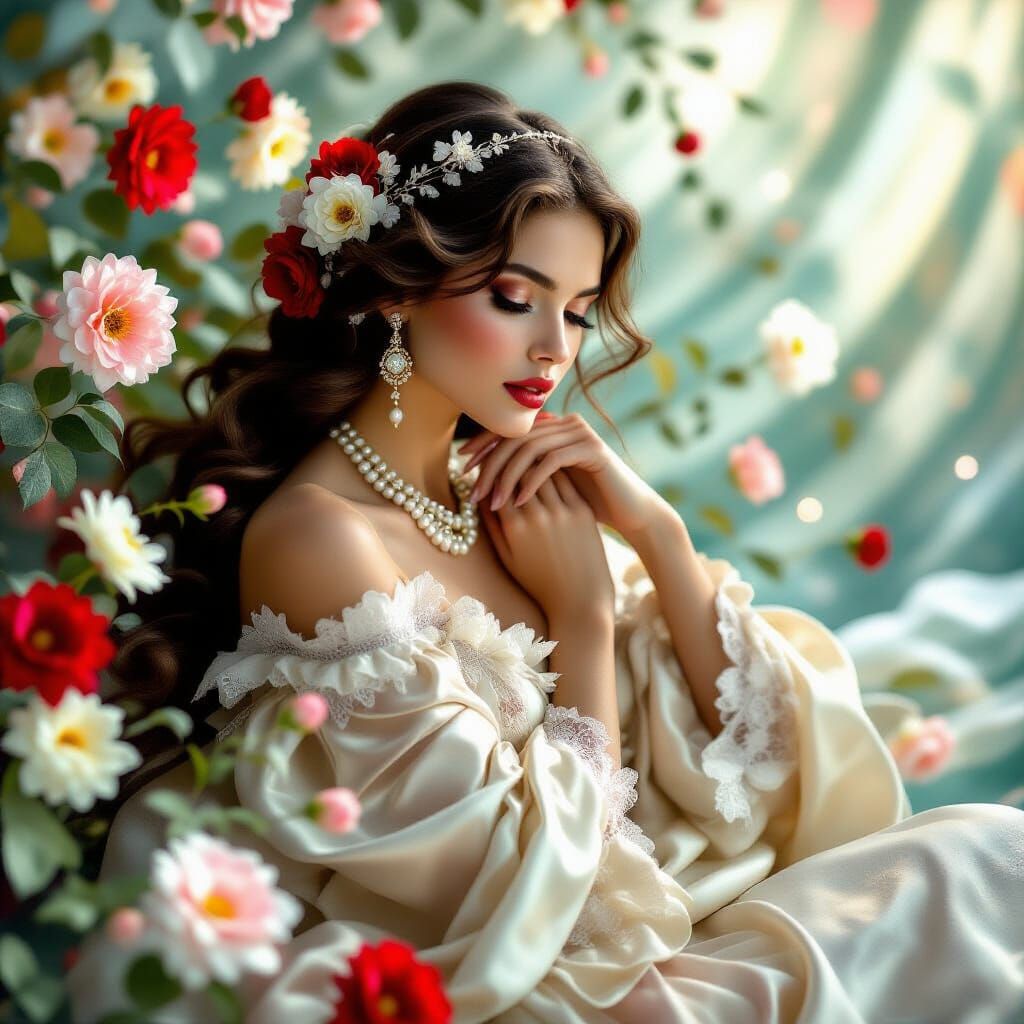 Ethereal Woman in Silk and Flowers: A Retro-Modern Portrait