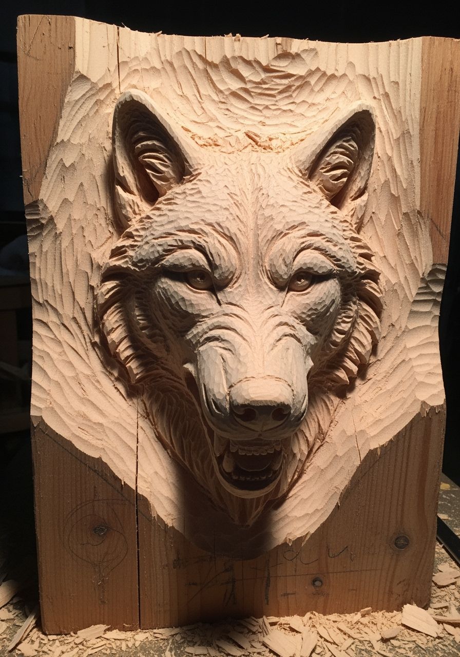 Detailed Wooden Wolf Carving in Progress