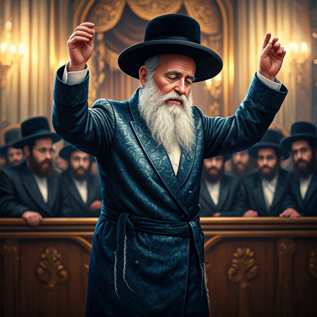 Regal Hasidic Rebbe in Ecstatic Dance within a Vibrant Synag...