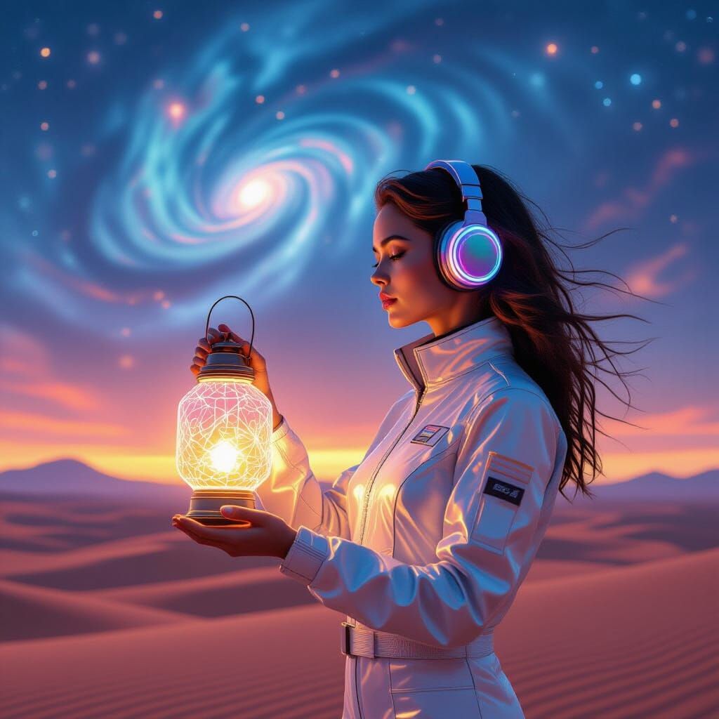 Woman with Holographic Lantern on Alien Planet