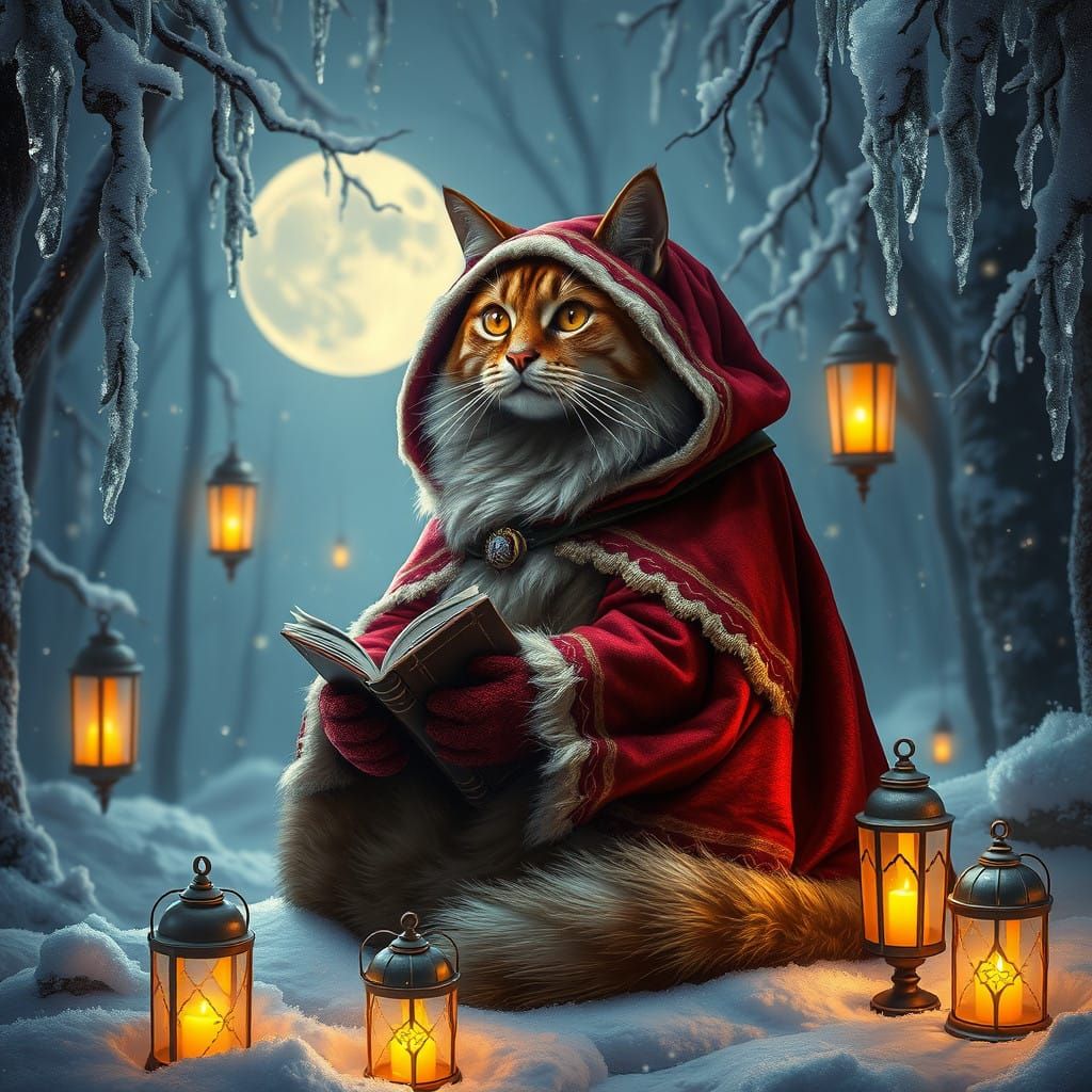 Regal Santa Cat in Mystical Forest Scene