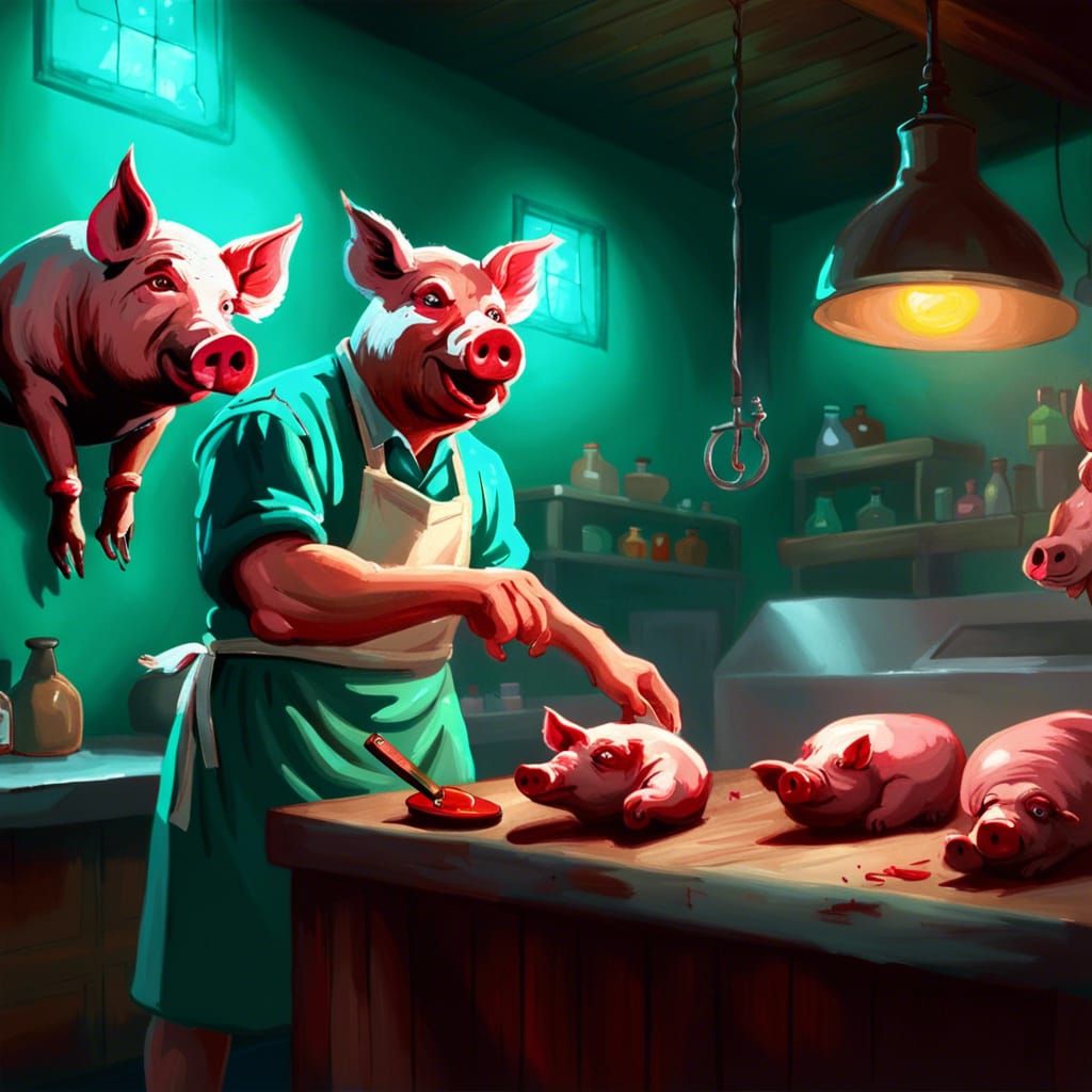 Butcher Pig in Dramatic Turquoise Oil Painting