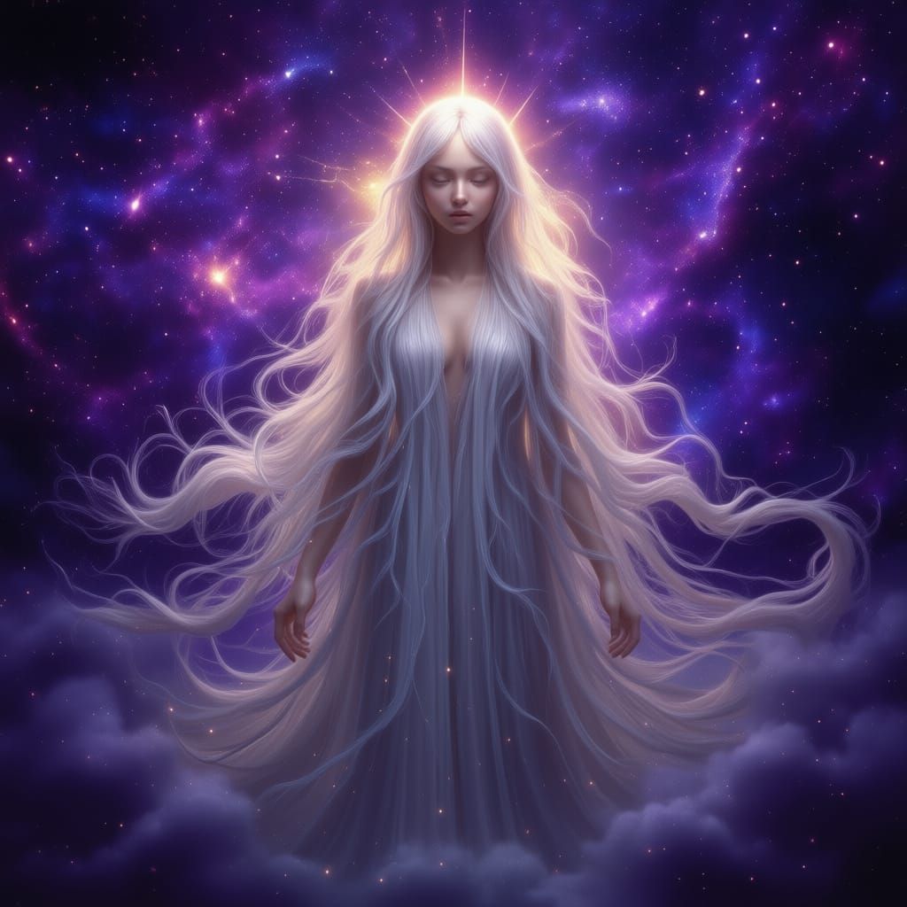 Ethereal Figure Floating on Star in Galaxy