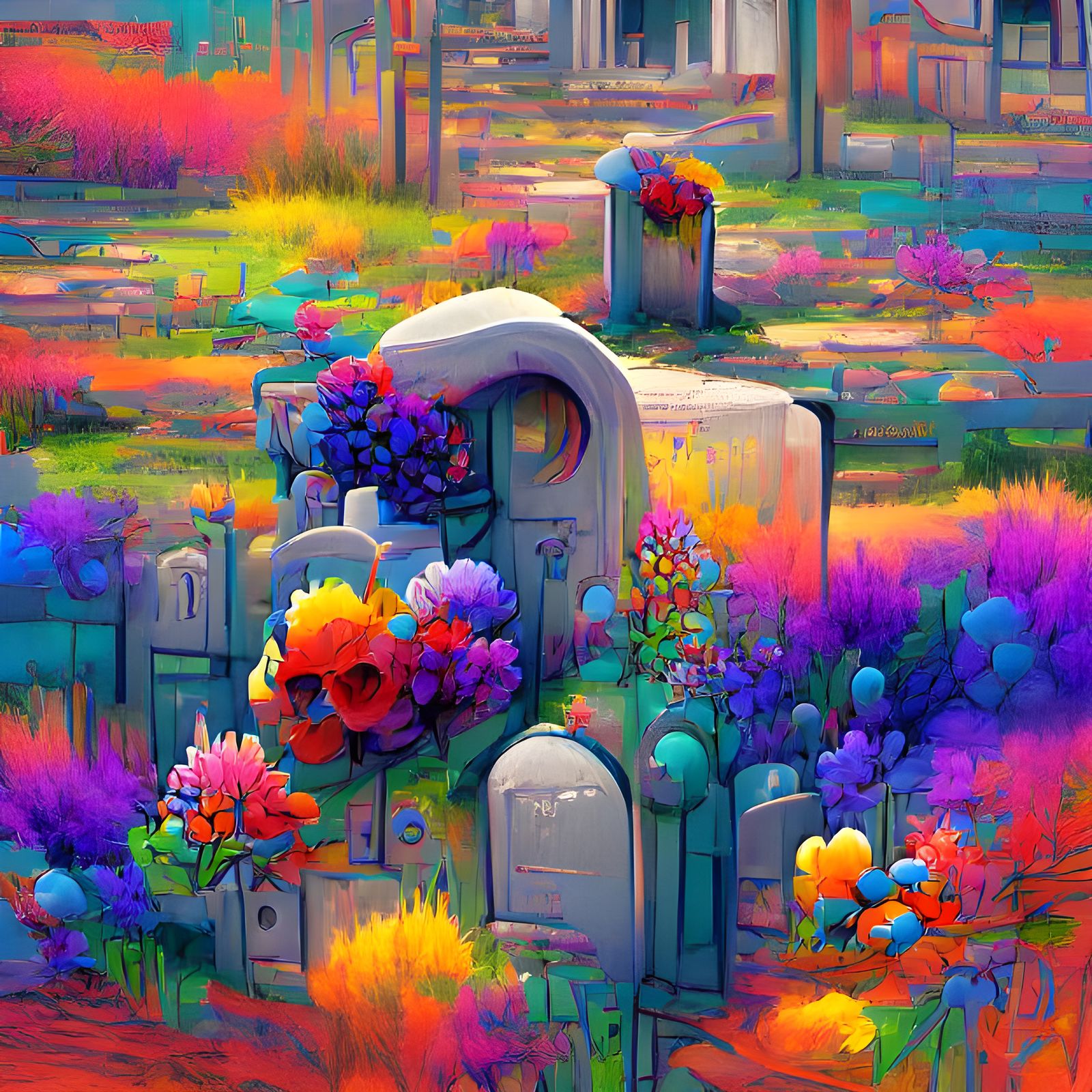 Tombstone in Overgrown Graveyard: Kinetic Pointillism Digita...