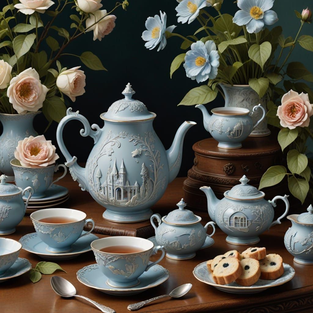 Ethereal Jasperware Tea Set in Romanticized Idyllic Style