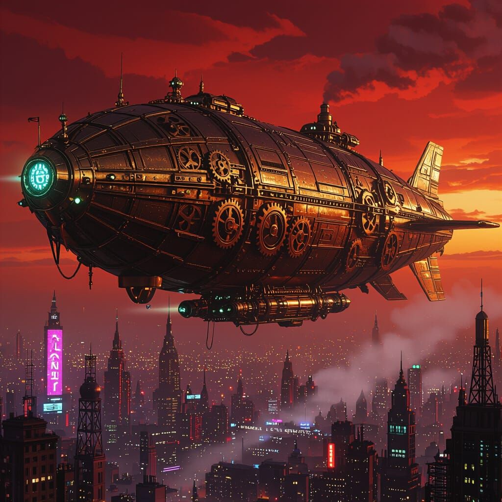 Steampunk Dragon Airship Soaring Over Cyberpunk City