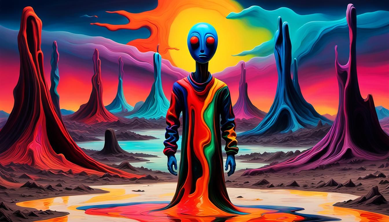 Surreal Distorted Figure in Neon Landscape