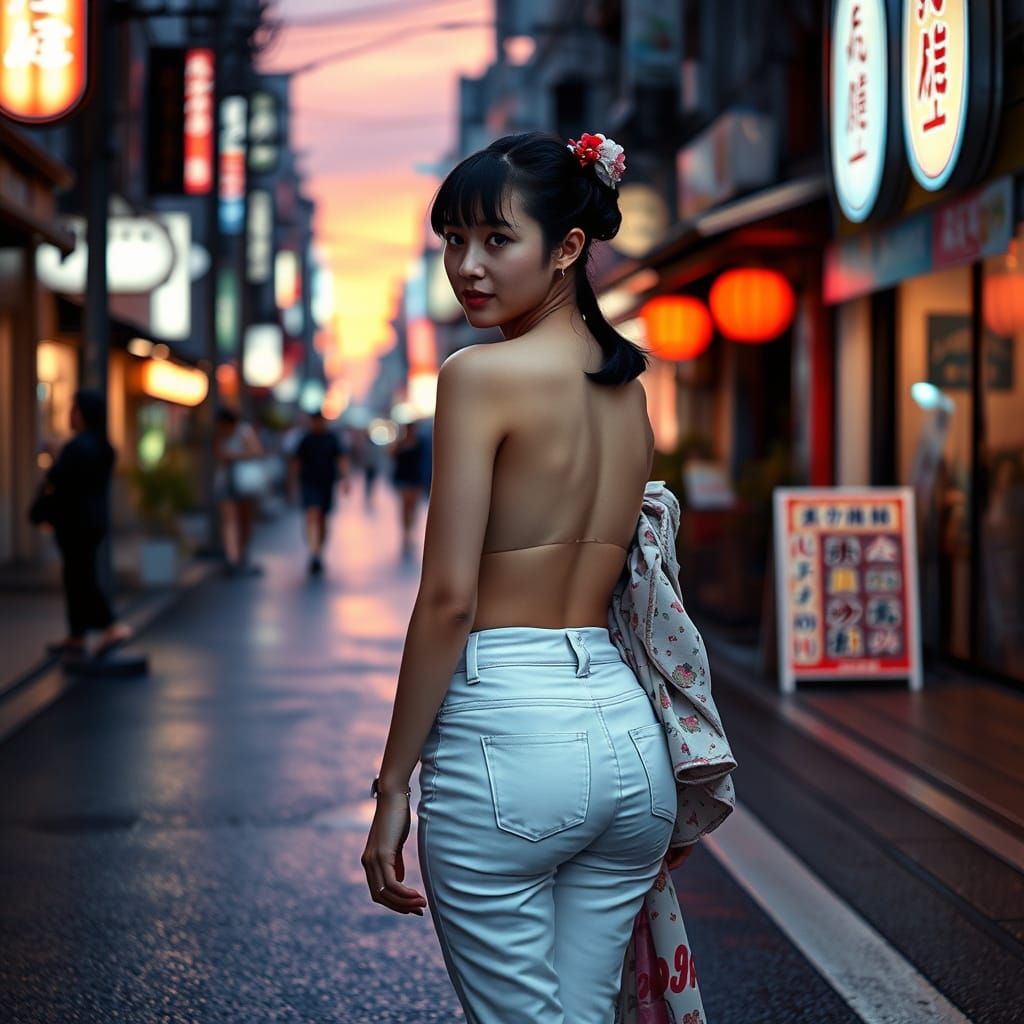 Geisha in Neon Tokyo Street at Dusk