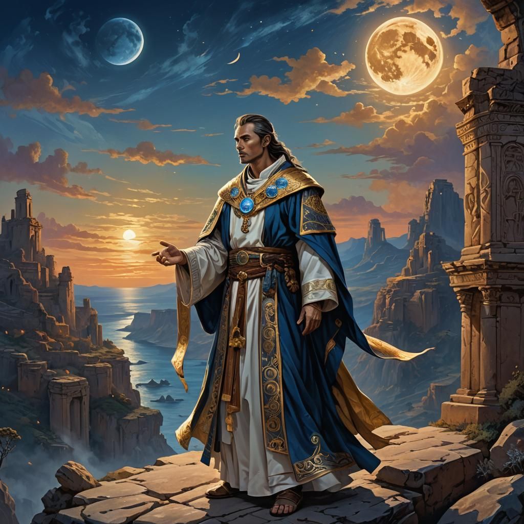 Fantasy Priest on Windswept Cliff at Sunset