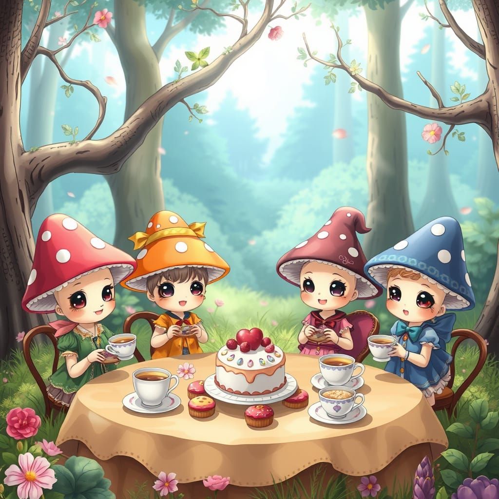 Mushroom Tea Party in Anime Style