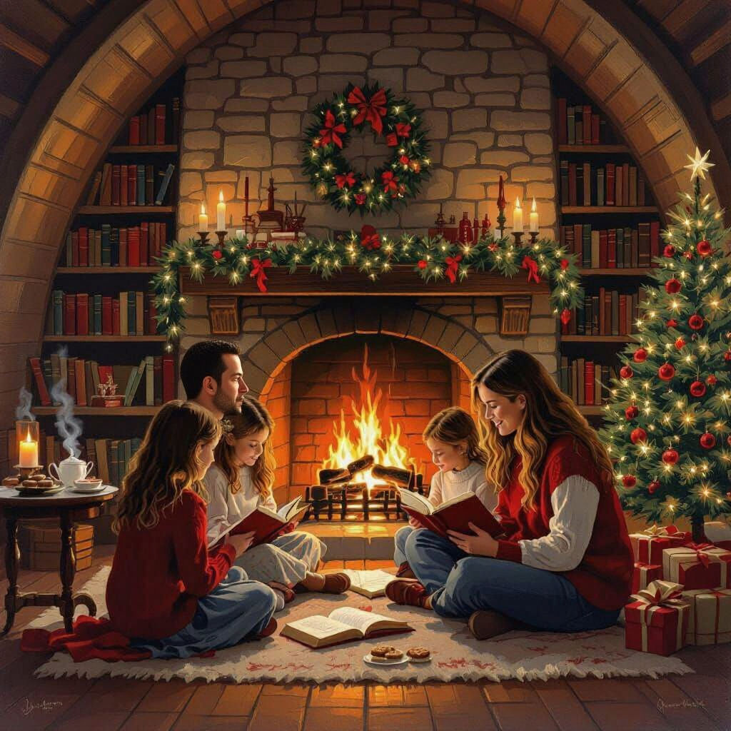 Cozy Christmas Scene: Family Reading by Fire