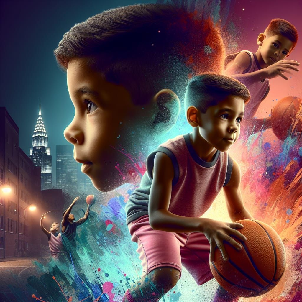 Hyperrealistic Boy Plays Basketball at Night