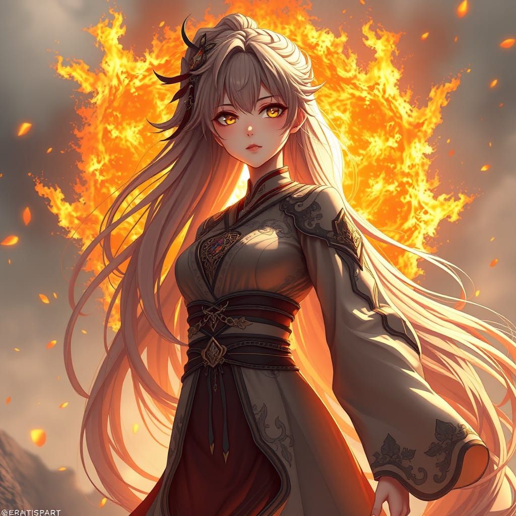 Elegant Anime Girl Ignites with Fiery Passion in 3D Art