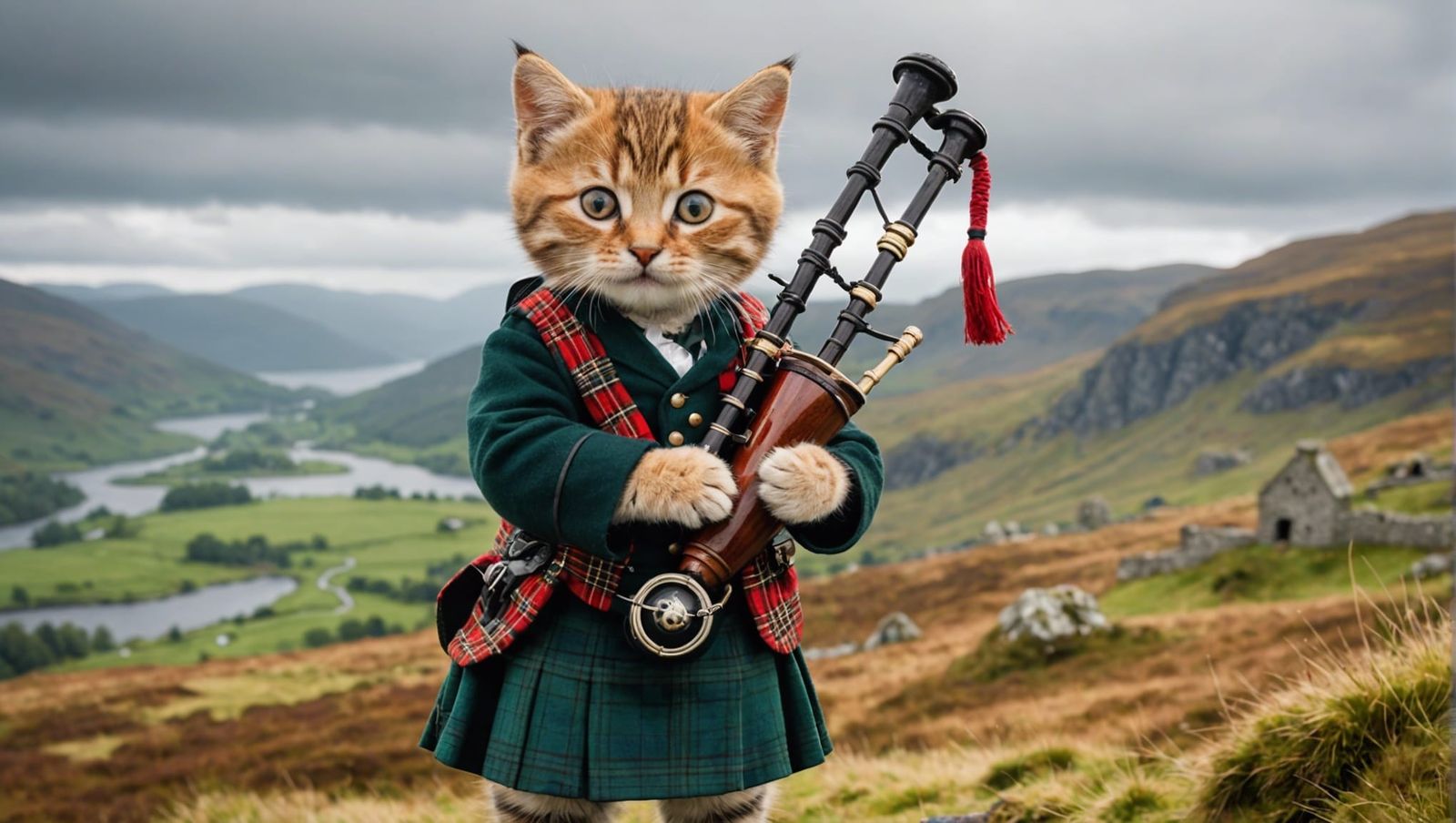 Scottish Piper Kitten in Highlands Landscape
