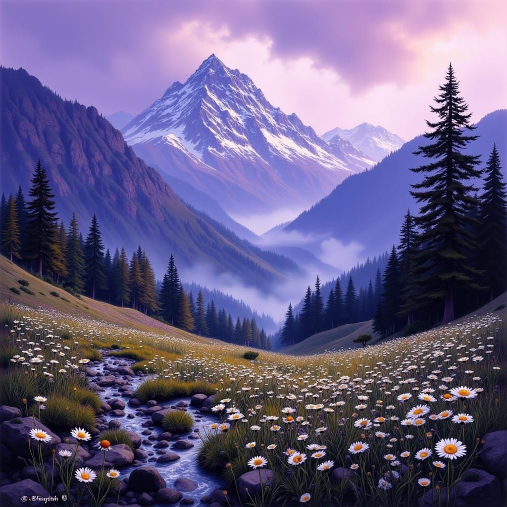 Majestic Purple Mountains With Misty Rain and Daisies