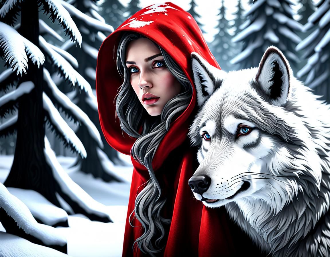 Red Riding Hood and Wolf Portrait in Monochrome