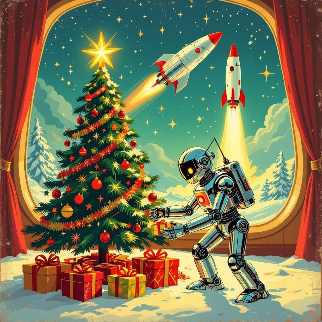 1950s Sci-Fi Christmas Scene with Robot and Rocket