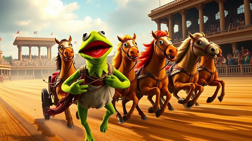 The Muppets, Kermit taking part in the chariot race from Ben Hur, side view, Muppet horses
