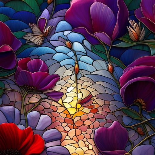 3D Sculpture of Butterflies and Flowers in Stained Glass