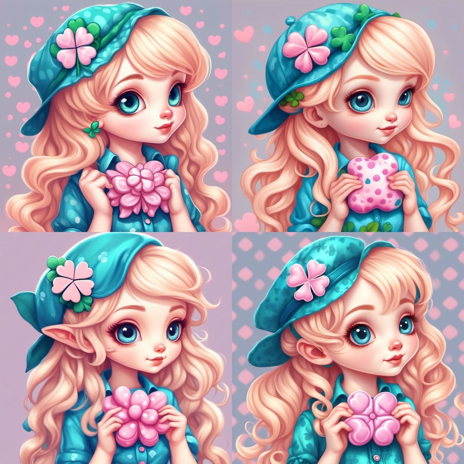 Chibi Blonde Woman with Clover Plushie in Pastel Colors