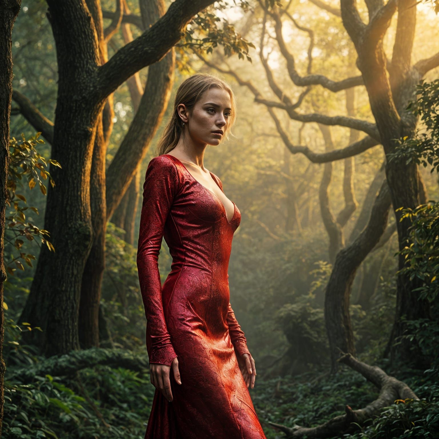 Woman in Dragon Skin Dress in Hyperrealistic Forest