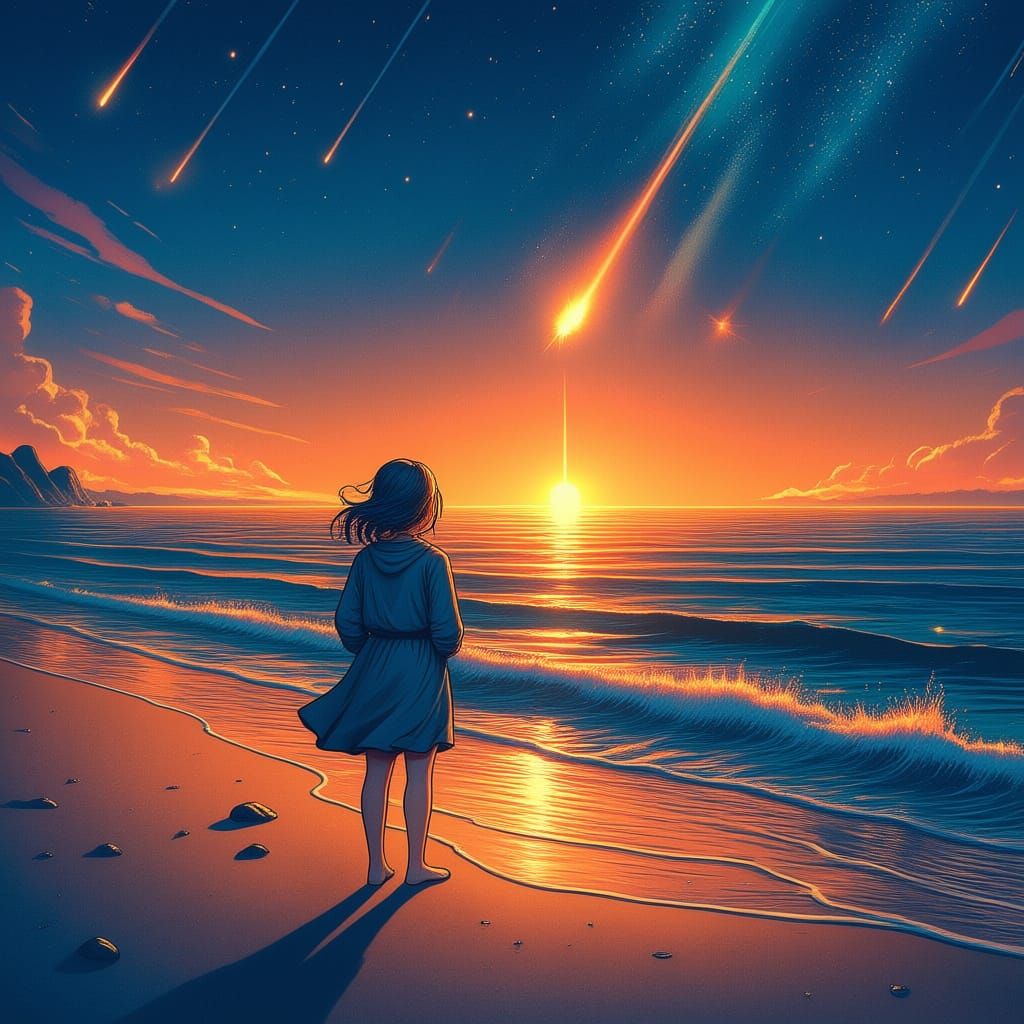 Girl Watches Meteor Shower Sunset on Beach
