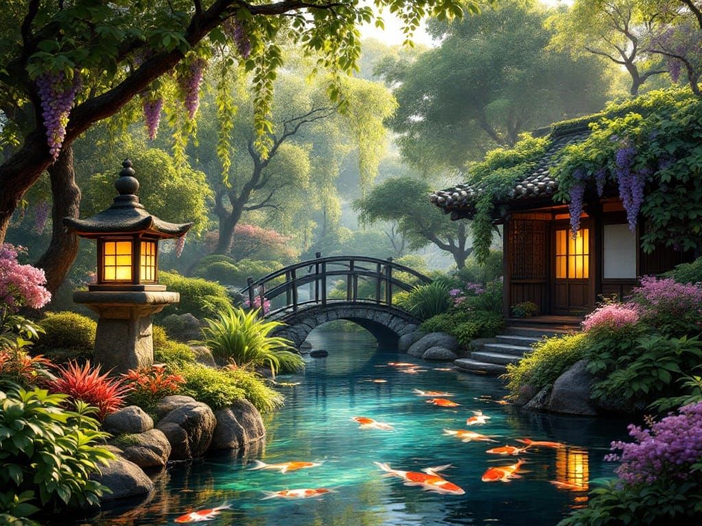 Serene Japanese Water Garden in Vibrant Vineyard Landscape