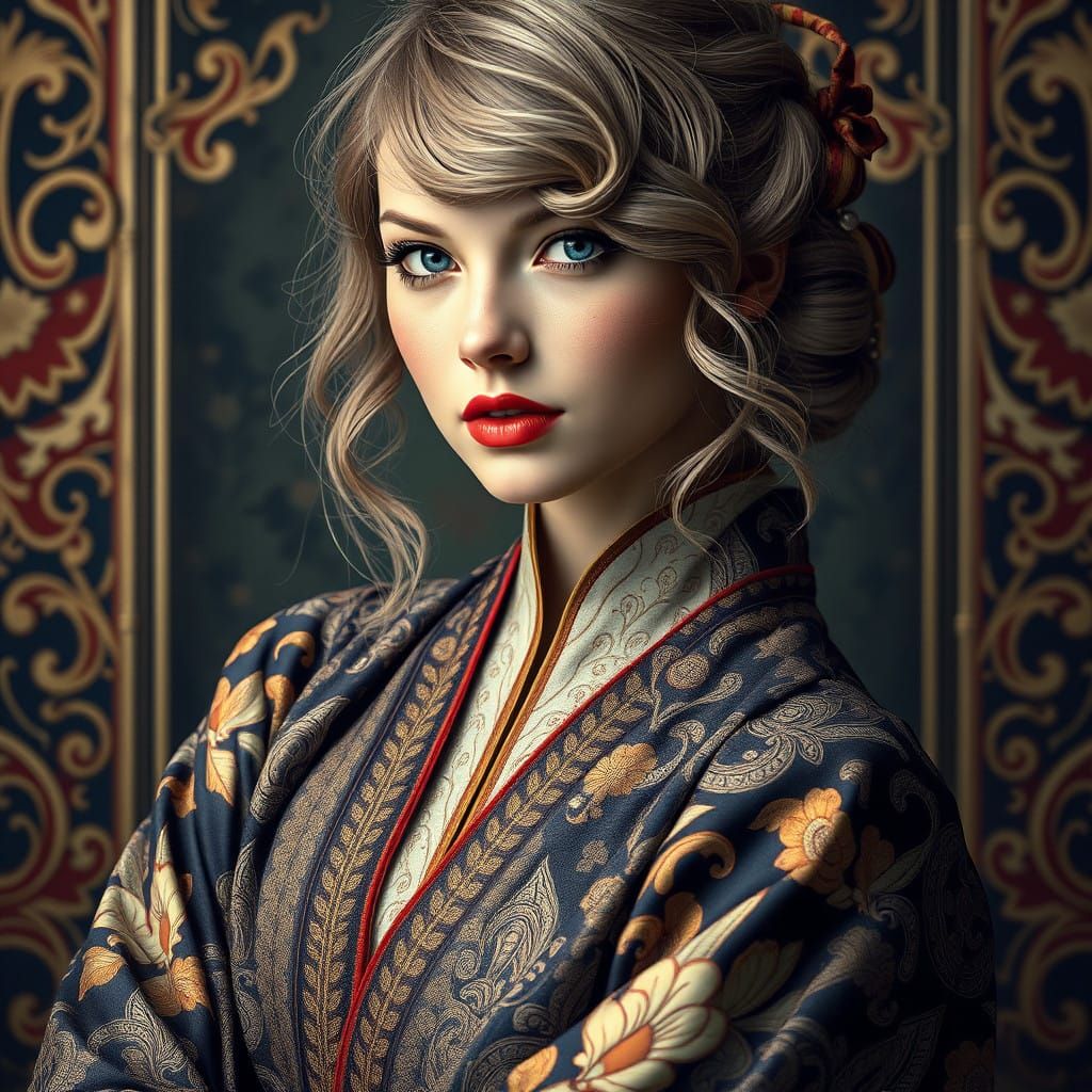 Confident Pop Star in Japanese-Inspired Art Nouveau Portrait