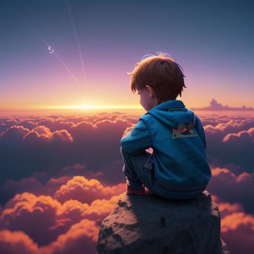 Child in Sunset Cloudscape, 3D Digital Art