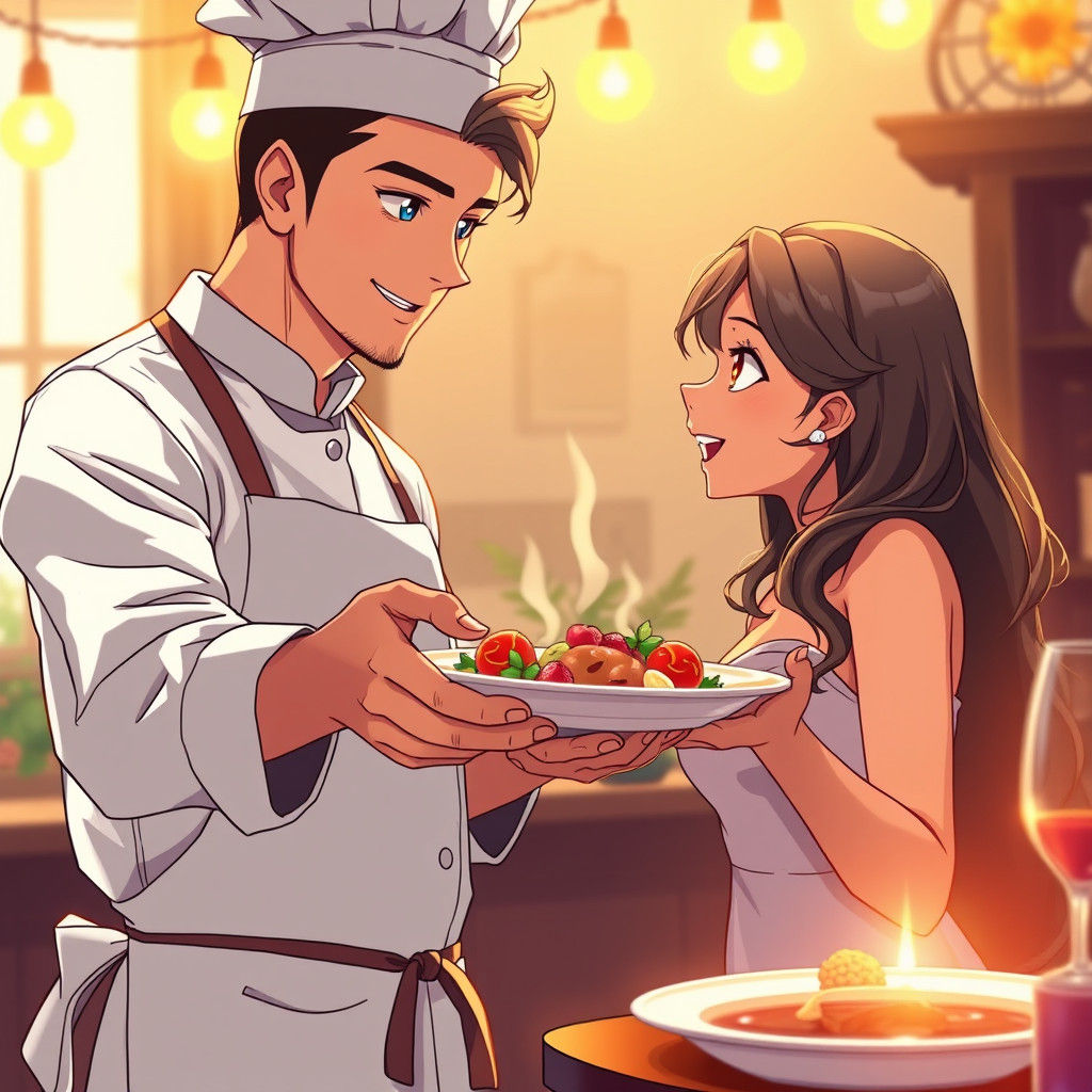 Charming Chef Offers Dish in Anime Style
